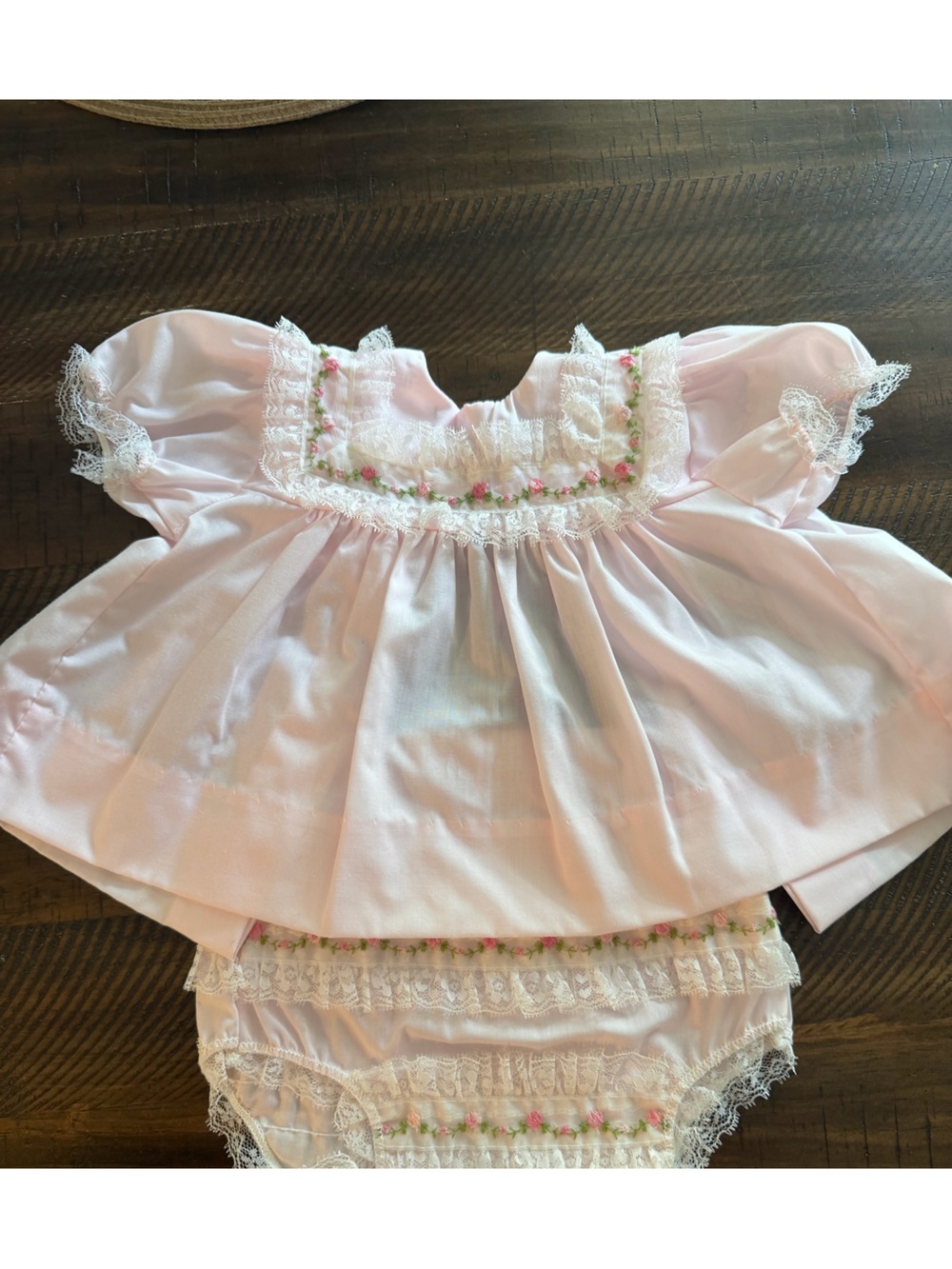 Vintage Baby Girl Heirloom Pink Satin Dress Set 6M Lace Rosebud Bloomers USA